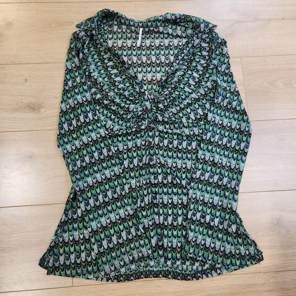 Free People Lucky Shirtee Blouse Womens Large Green Geometric Mesh Sheer Tunic